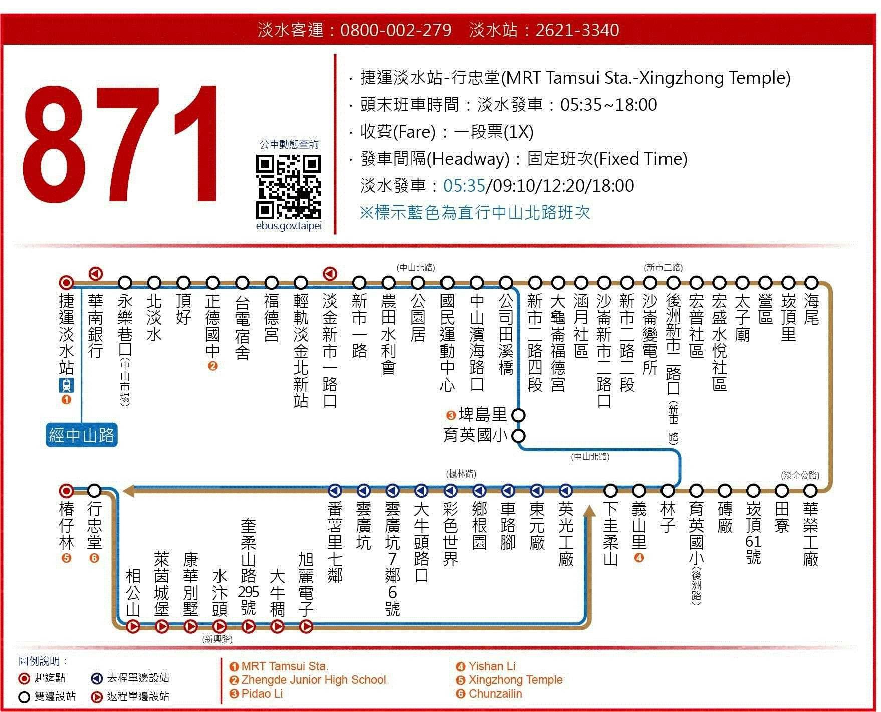 871 Zhongshan North RoadRoute Map-新北市 Bus